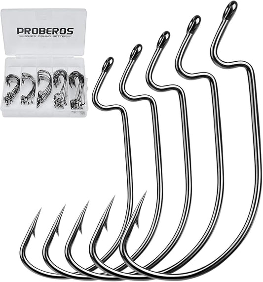 Fishing Hooks for Bass Fishing - 100pcs EWG Offset Worm Hook Texas Rig Hooks for Freshwater Saltwater Size 1/0 2/0 3/0 4/0 5/0 - Soft Lures Worms Plastics Bait Fishing Hook with Tackle Box