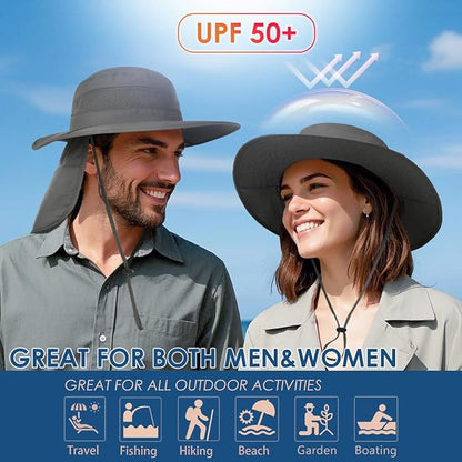 Men&Women Foldable Outdoor Sun Hat with Packable Neck Flap, UV Sun Protection Wide Brim Safari Cap