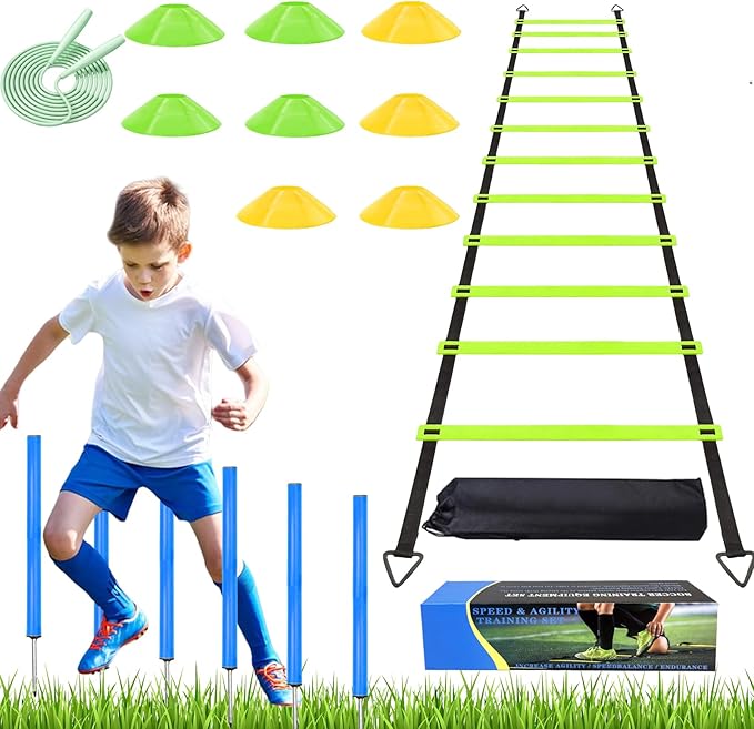 Agility Ladder Training Poles Equipment, Soccer Training Equipment-20ft Speed Ladder, 6 Agility Poles, 8 Soccer Cones for Training Football Basketball Rugby Training Equipment for Kids Youth Adults