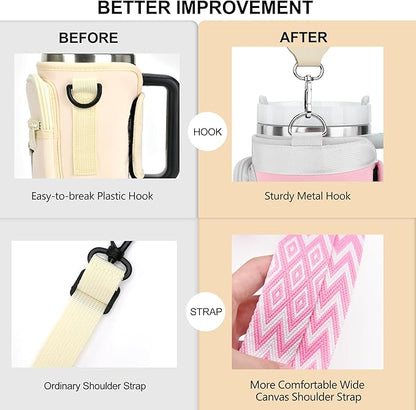 Water Bottle Carrier Bag with Strap for Stanley 40/30 oz Tumbler with Handle, Water Bottle Holder Pouch with Phone Pocket for Stanley Cup Accessories, fit Walking Hiking Travel