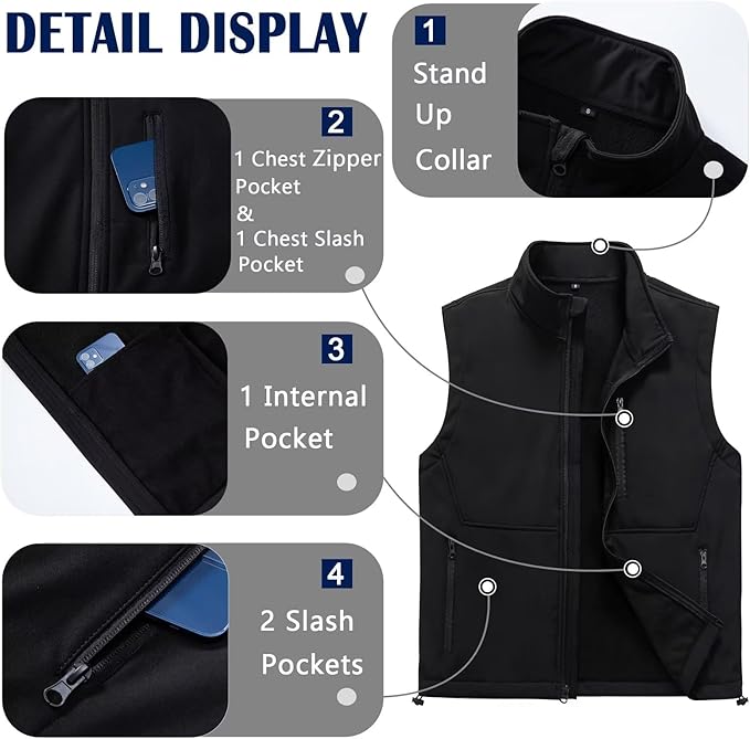 Men's Lightweight Softshell Vest Outerwear Windproof Sleeveless Jacket for Golf Running Hiking