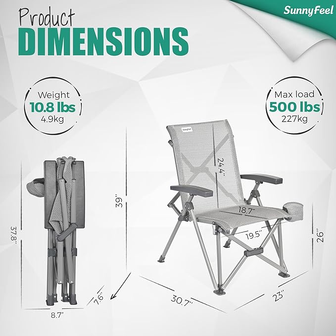 SUNNYFEEL Ergonomic High-Back Camping Chair - 1 Second Folding Chair with 500lbs Capacity, Breathable Back Support for Outdoor, Lawn, Hiking, Fishing (Grey)