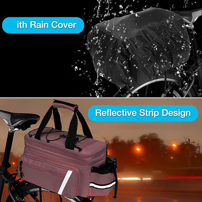 MOSISO Bike Rack Bag with Rain Cover, Bike Trunk Cooler Handag Insulated Bicycle Rear Seat Pouch with 2 Side Foldable Panniers, 8L Cycling Backseat Storage Cargo Saddle Shoulder Bag, Pink