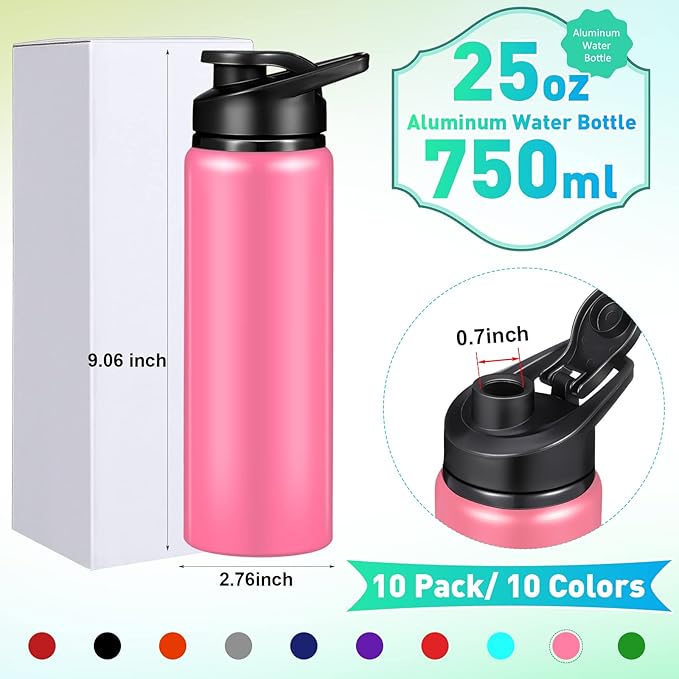 Mimorou 10 Pack 25oz Reusable Aluminum Water Bottles Bulk Operation Christmas Multicolor Outdoor Sports Water Bottles for Travel, Gym, Hiking, Cycling, Camping, Fishing, Snap Lid