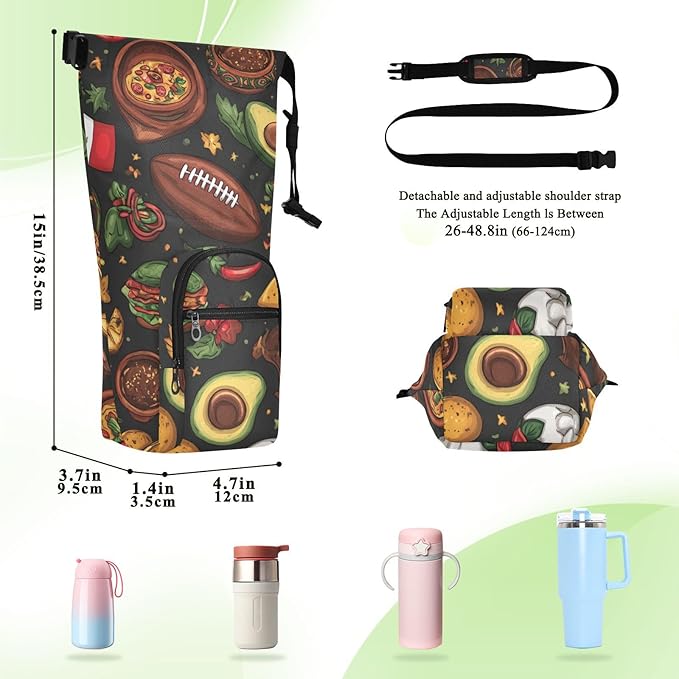 Mexican Food Flag Football Water Bottle Holder with Strap Insulated Water Bottle Carrier Crossbody Bags Pouch with Phone Pocket for Travel Gym Hiking Walking Running