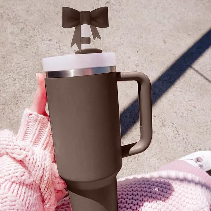 4Pcs Silicone Straw Toppers Covers for Stanley Cups 40/30oz 10mm(0.4in) Chocolate Dust-Proof Bow Straw Covers Toppers Suitbale for Stanley Cup Accessories Reusable Straws Caps