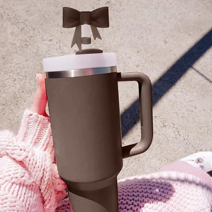 4Pcs Silicone Straw Toppers Covers for Stanley Cups 40/30oz 10mm(0.4in) Chocolate Dust-Proof Bow Straw Covers Toppers Suitbale for Stanley Cup Accessories Reusable Straws Caps