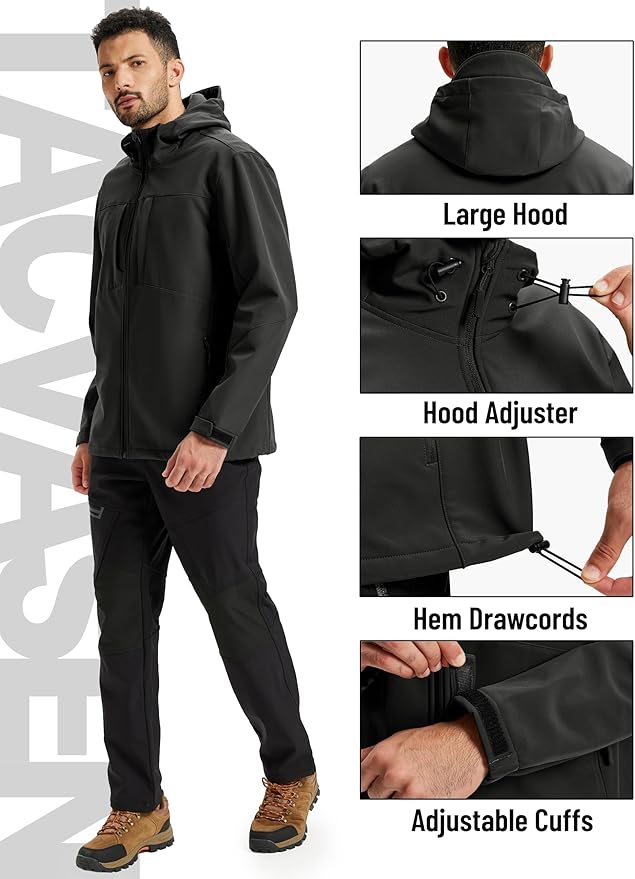 TACVASEN Men's Softshell Jacket with Hood Waterproof Tactical Fleece Coat Winter Windbreaker Lightweight Rain Jackets
