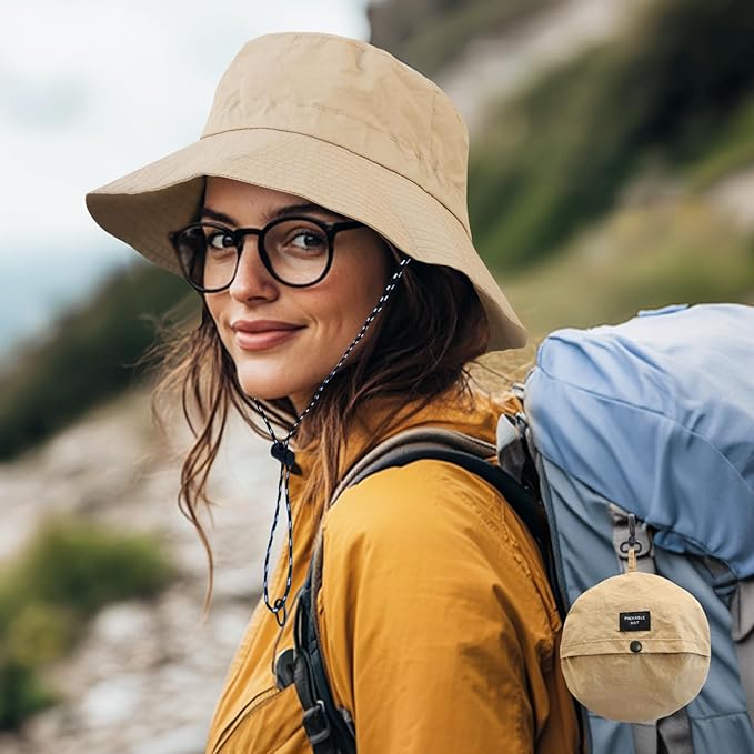 PFFY Quick Dry Waterproof Packable Bucket Hat for Women Men Outdoor Sun Hats with Detachable Chin Strap