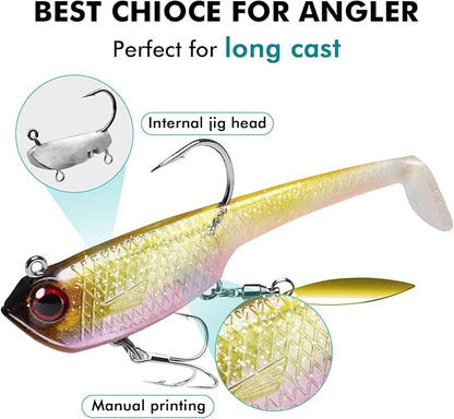 TRUSCEND Easy Catch Pre-Rigged Soft Lures, Unique Vibrating Swim Action and Trembly Sinking Move for More Bites, Amazing Soft Swimbait for Family Fishing, Fishing Lures for Bass Trout Crappie Walleye