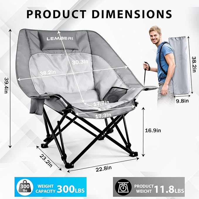 Outdoor Oversized Camping Chair, Heavy Duty Support 500 LBS for Adults, Portable Folding Wide Lawn Chair with Headrest Support and Cup Holder, Low Camping Chair for Fishing, Garden, Grey
