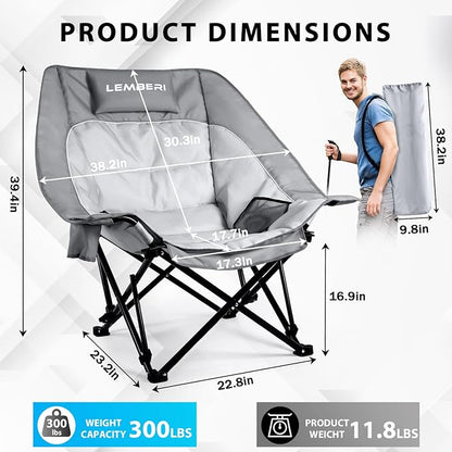 Outdoor Oversized Camping Chair, Heavy Duty Support 500 LBS for Adults, Portable Folding Wide Lawn Chair with Headrest Support and Cup Holder, Low Camping Chair for Fishing, Garden, Grey