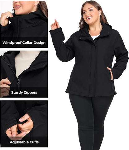 wantdo Women's Plus Size Softshell Jackets Hooded Warm Fleece Lined Windbreaker
