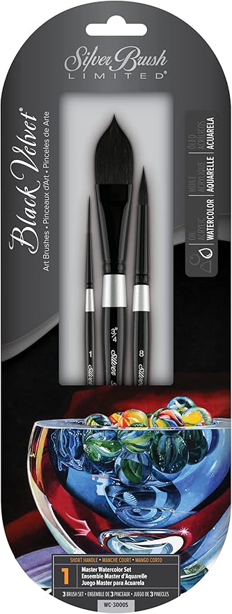 Silver Brush Limited WC-3000S Black Velvet Master Watercolor Set, Set of 3, Size 3/4 Inch Oval Wash, Size 8 Round, and Size 1 Script Liner Paintbrushes, Short Handle