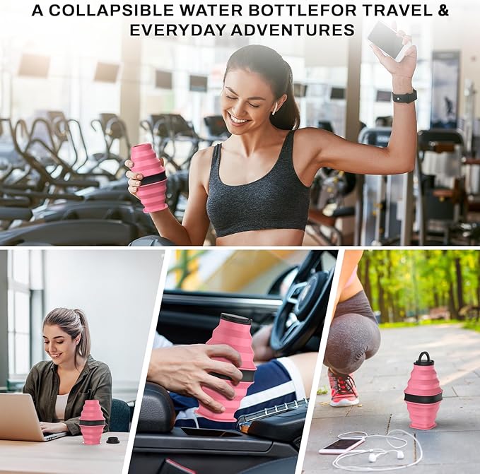 Collapsible Water Bottles with Anti-Collapse Ring,600ml Foldable Water Bottle BPA Free Reusable Lightweight LeakProof Silicone for Travel Hiking Camping Gym Sports，Collapses to 1.5” Pink