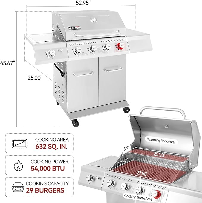 Royal Gourmet GA4402S 4 Burner Propane Gas Grill with Side Burner & Warming Rack, Stainless Steel Gas Grill with 54,000 BTUs Output for Barbecue Grilling & Backyard Cooking, Silver