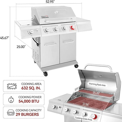 Royal Gourmet GA4402S 4 Burner Propane Gas Grill with Side Burner & Warming Rack, Stainless Steel Gas Grill with 54,000 BTUs Output for Barbecue Grilling & Backyard Cooking, Silver