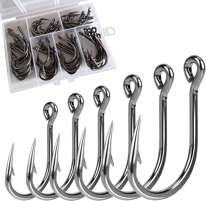 60PCS/Box DERKERL Fishing Hooks, Extra Strong Fish Hooks Stainless Steel Fishing Hooks 6 Sizes: 4/0 5/0 6/0 7/0 8/0 9/0#