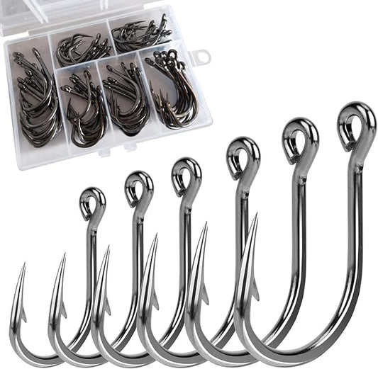 60PCS/Box DERKERL Fishing Hooks, Extra Strong Fish Hooks Stainless Steel Fishing Hooks 6 Sizes: 4/0 5/0 6/0 7/0 8/0 9/0#