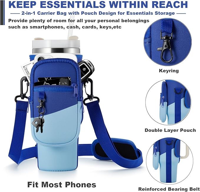 Water Bottle Carrier Bag with Phone Pocket for Stanley 40 & 30 oz Tumbler with Handle,Pink Insulated Neoprene Cup Holder Pouch w/Adjustable Strap for Quencher H2.0 Stanley Cup Accessories