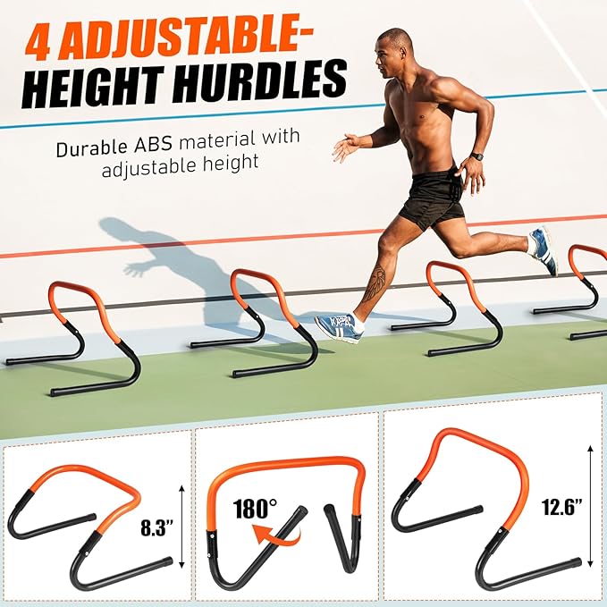 Agility Speed Training Equipment Set, Football Practise Set with 20ft Agility Ladder, 12 Cones, 4 Adjustable Hurdles, Jump Rope, Parachute, for Basketball, Soccer, Football, Kids, Youth, Adults