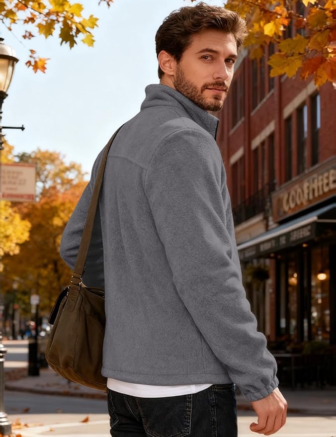 Mens Polar Fleece Jacket Full Zip Lightweight Casual Outdoor Jackets Stand Collar Warm Coats with Pockets