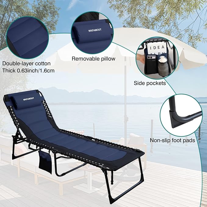 Outdoor Folding Lounge Chair Padded for Adults 264Ibs Patio Chaise Lounge Chair for Outside Adjustable 5-Position Reclining Beach Chair with Pillow Pocket