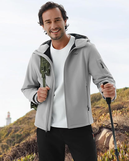 WULFUL Men's Lightweight Softshell Jacket Warm Fleece Lined Windbreaker Waterproof Soft Shell for Outdoor Hiking
