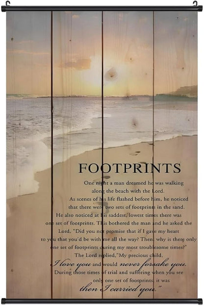Footprints in the Sand Religious Canvas Wall Art Posters, Inspirational Beach Sunset Poem Print Poster (Black Axis 12x18inch, Footprints(1))