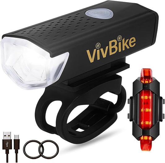 VivBike Rechargeable Bicycle Lights Set for Daily Use, LED Front Light and Rear Light, USB Mini Rechargeable, IPX4 Waterproof, Easy Mount | A HerTime2 Brand