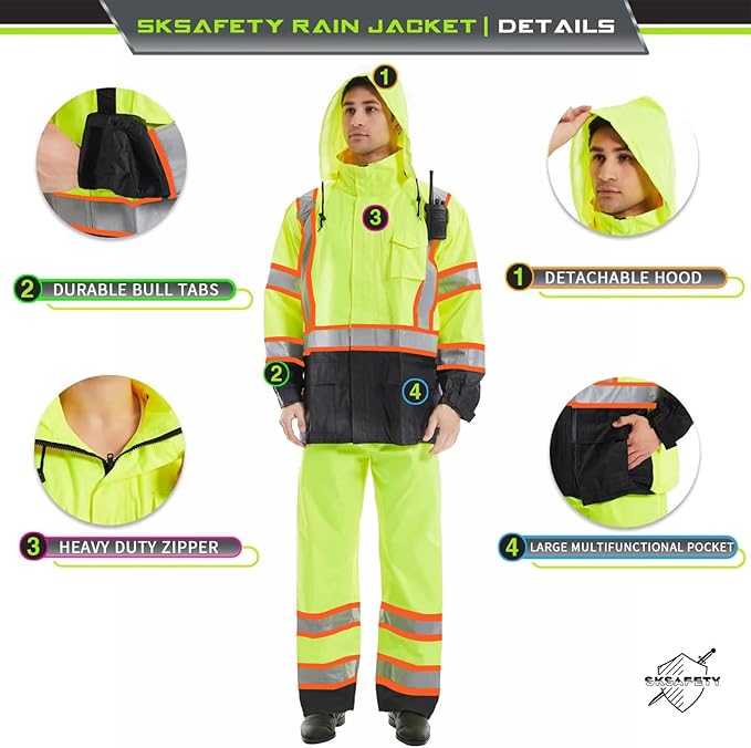 SKSAFETY Hi Vis Reflective Rain suits for Men Waterproof - High Vis Safety Rain Jacket, High Visibility Raincoat for Men