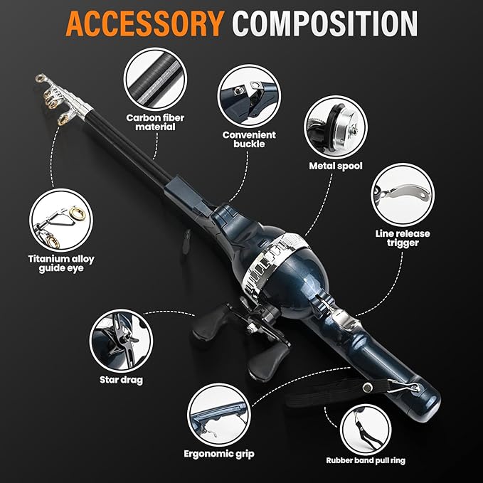 Foldable Fishing Rod, 2025 New Easy Fish Collapsible Folding Pole, Pocket Telescopic Fishing Rod with Reel Combo, Rod and Wheel Integrated