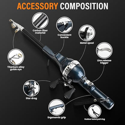 Foldable Fishing Rod, 2025 New Easy Fish Collapsible Folding Pole, Pocket Telescopic Fishing Rod with Reel Combo, Rod and Wheel Integrated