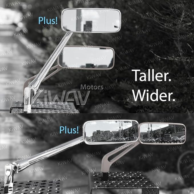 KiWAV Motorcycle Mirrors Rear View Side Rectangular ClassicPlus Chrome Convex Aspherical Anti-Glare Blue Tinted Glass Longer Stem 8mm 1.25 Pitch Adapters for E-bike Scooter ATV Moped Pack of Pair