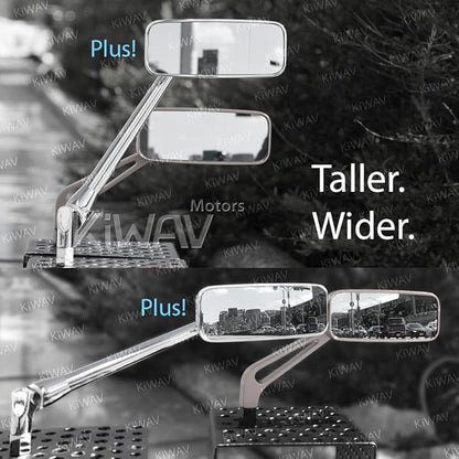 KiWAV Motorcycle Mirrors Rectangular ClassicPlus Black Convex Aspherical Anti-Glare Blue Tinted Glass Longer Stem 10mm 5/16 Inches Adapters for Cafe Racer Bobber Chopper Road Bike Pack of Pair
