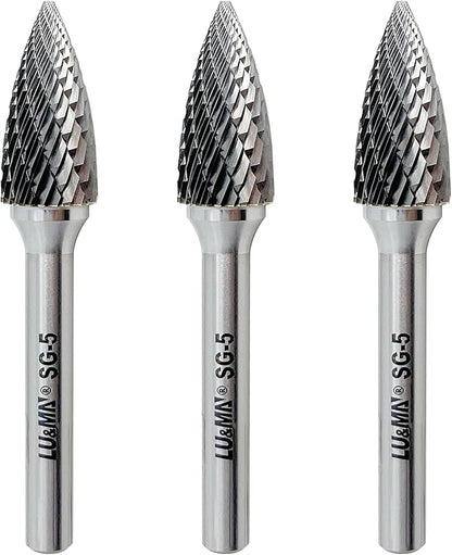 LU&MN SG-5 Double Cut Tree Shape Tungsten Carbide Rotary Burr with 1/4" Shank for Die Grinder and Drill,3PCS
