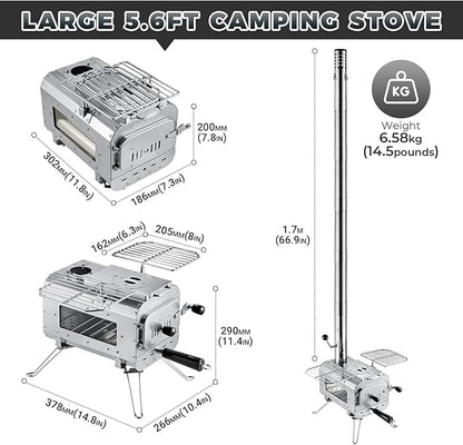 KingCamp Hot Tent Stove, Foldable Camping Stove with Large Firebox, 5.6ft Winter Camping Stove for Tent, Shelter, Cabin Heating, With Chimney Pipes, Heat Resistant Glass & Gloves for Outdoor