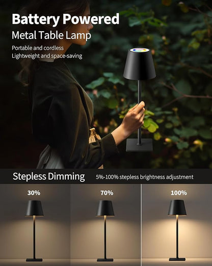 KDG 2 Pack Cordless Table Lamp, RGB Color Stepless Dimming Up, 4000mAh Battery Operated Portable LED Desk Lamp, for Dinning Room, Bedroom, Bar, Outdoor Garden, Camping, Night Light (Black)
