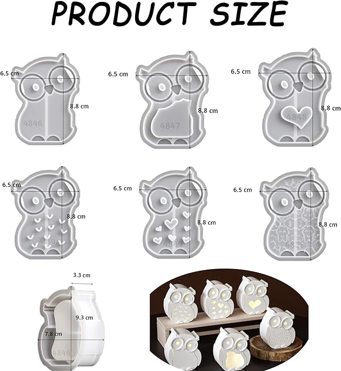 7 Packs DIY Epoxy Resin Soft Silicone Molds, MUAECH Halloween Wisdom Owl Hollowed-Out Egg Lamp Mold, 6 Face Covers and 1 Base Box, Owls Wearing Glasses Candle Stand Moulds Handmade Art Crafts