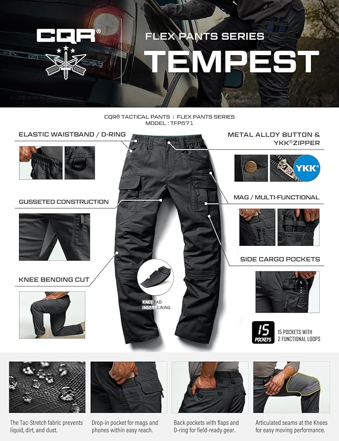 CQR Men's Flex Stretch Tactical Pants, Water Resistant Ripstop Cargo Pants, Lightweight EDC Outdoor Work Hiking Pants