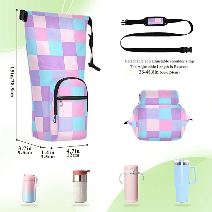 Purple Pink Checkered Water Bottle Holder with Strap Insulated Water Bottle Carrier Crossbody Bags Pouch with Phone Pocket for Travel Gym Hiking Walking Running