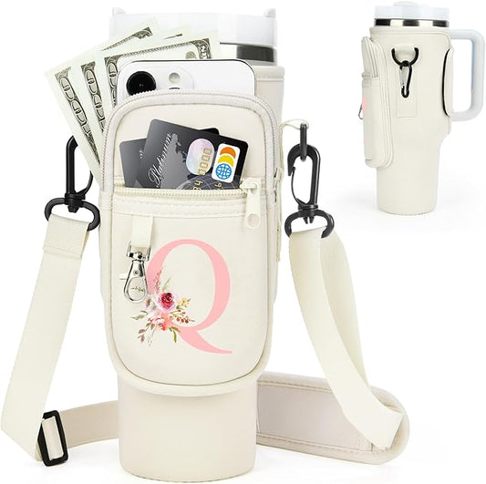 Initial Water Bottle Holder with Strap for Stanley 40 oz Tumbler/Simple Modern 40 oz Tumbler,Water Bottle Carrier Bag with Strap,Personalized A-Z Phone Pocket for Stanley Cup Accessories