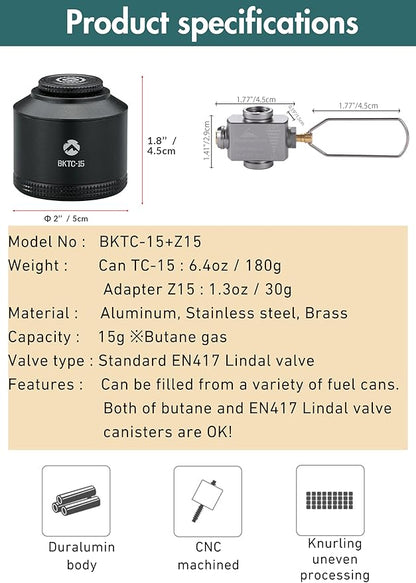 CAMPINGMOON Refillable Gas Canister Empty Pocket Tank for Gas Lantern Backpacking Camping 15g w/ Gas Transfer Adapter Z15 Black BKTC-15/Z15