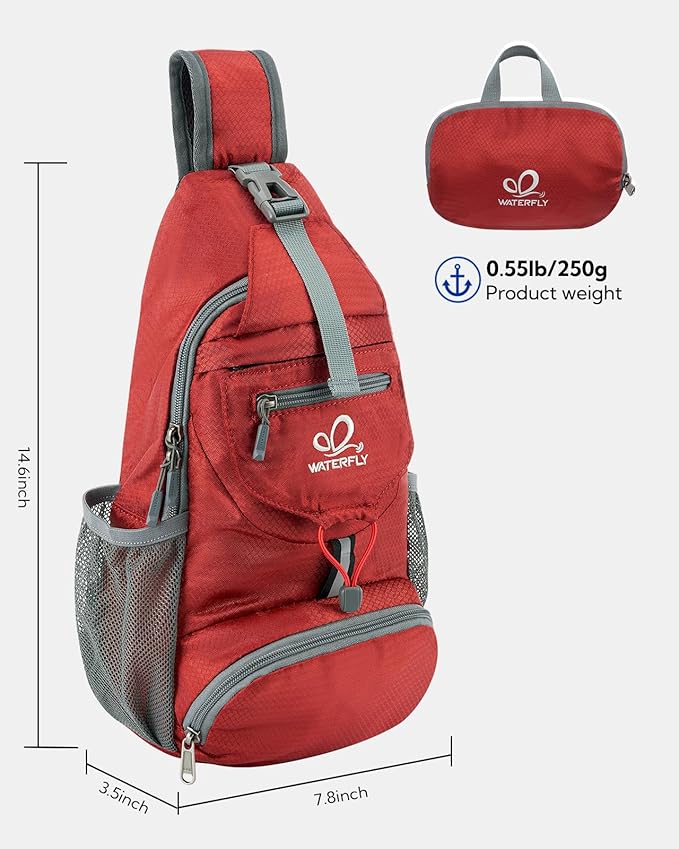 WATERFLY Packable Small Crossbody Sling Backpack Shoulder Chest Bag Daypack for Hiking Traveling
