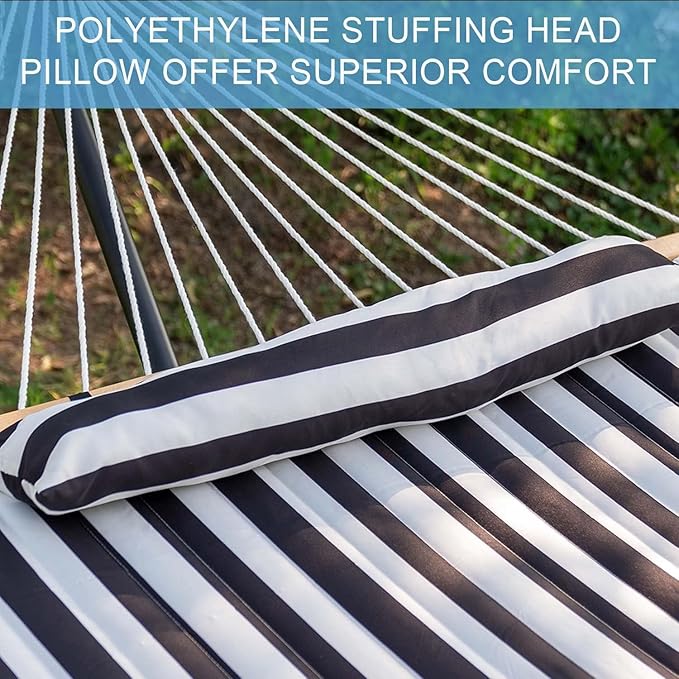 Lazy Daze Hammocks 12FT Quilted Fabric Double Hammock with Spreader Bars and Detachable Pillow, 2-Person for Outside Patio Poolside Backyard Beach, 450 lbs Capacity, Black White