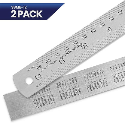 2 Pack Pacific Arc 12 Inch Stainless Steel Ruler with Inch/Metric Conversion Table
