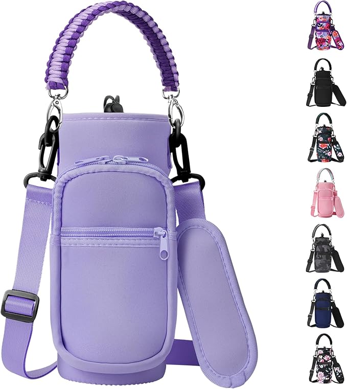 32/40/64/128 oz Neoprene Insulated Water Bottle Carrier Bag, Sling Bag Sleeve Pouch Holder with Strap & Paracord Handle and 2 Pocket for Travelling, Hiking, Camping