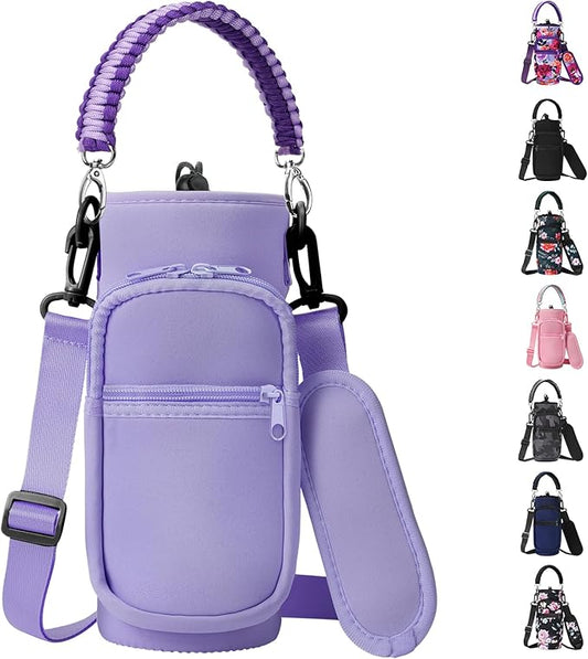 32/40/64/128 oz Neoprene Insulated Water Bottle Carrier Bag, Sling Bag Sleeve Pouch Holder with Strap & Paracord Handle and 2 Pocket for Travelling, Hiking, Camping