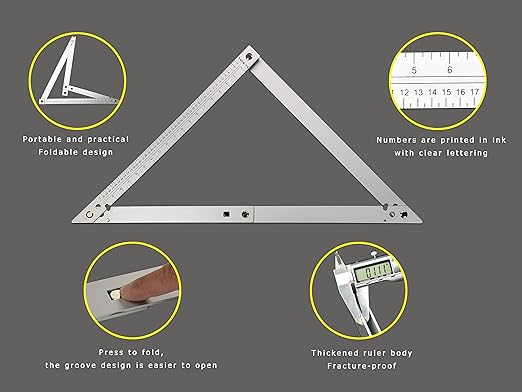 FEI-RONG 24" Folding Framing Square - Aluminum & Carbon Steel Carpentry Tool | 45-90 Degree Adjustable Angle Ruler for Roofing, Stair Work, Woodworking | Includes Carrying Case