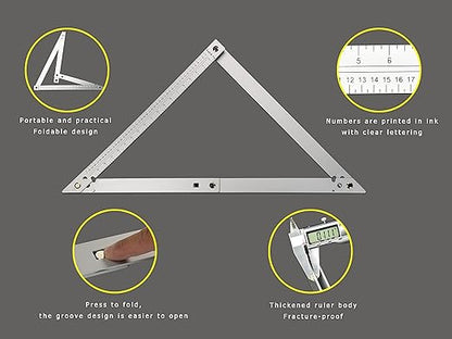 FEI-RONG 24" Folding Framing Square - Aluminum & Carbon Steel Carpentry Tool | 45-90 Degree Adjustable Angle Ruler for Roofing, Stair Work, Woodworking | Includes Carrying Case